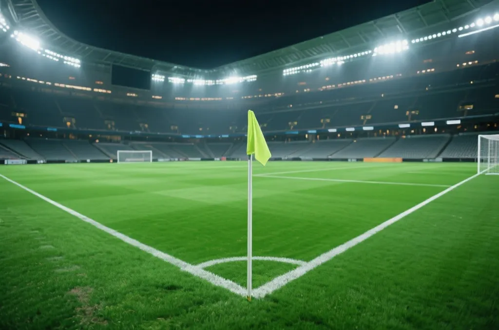 An immaculate green soccer pitch with white lines and a corner flag inside an empty professional stadium