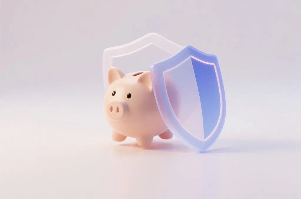 A stylized modern 3D shield icon protecting a simple ceramic piggy bank, symbolizing safety, security, and responsible financial habits.